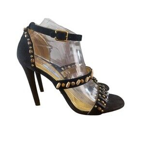 Prada Milano Sandal Womens Sz 9 Black Leather Suede Beaded Stiletto Heel Strappy